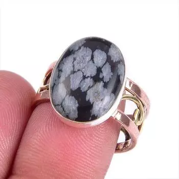 Natural Snowflake Obsidian Gemstone Two Tone 925 Sterling Silver Ring S.8 U6T18
