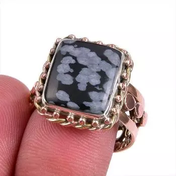 Natural Snowflake Obsidian Gemstone Two Tone 925 Sterling Silver Ring S.9 f3f32
