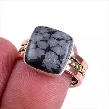Natural Snowflake Obsidian Gemstone Two Tone 925 Sterling Silver Ring S.7.5 s2Z76