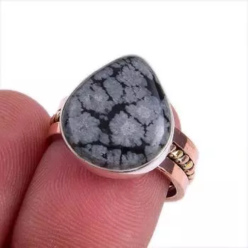 Natural Snowflake Obsidian Gemstone Two Tone 925 Sterling Silver Ring S.6.5 s0B03