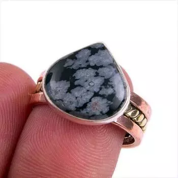 Natural Snowflake Obsidian Gemstone Two Tone 925 Sterling Silver Ring S.7 H9E50