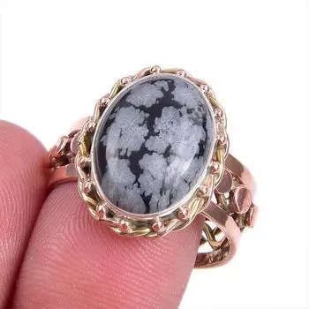Natural Snowflake Obsidian Gemstone Two Tone 925 Sterling Silver Ring S.10 V1a46