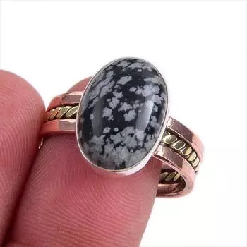 Natural Snowflake Obsidian Gemstone Two Tone 925 Sterling Silver Ring S.10 B0m12
