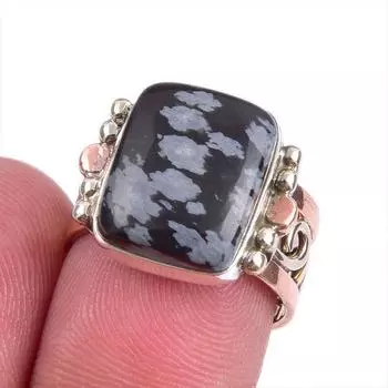 Natural Snowflake Obsidian Gemstone Two Tone 925 Sterling Silver Ring S.6 m7v35