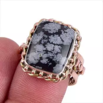 Natural Snowflake Obsidian Gemstone Two Tone 925 Sterling Silver Ring S.6.5 N9t37