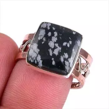 Natural Snowflake Obsidian Gemstone Two Tone 925 Sterling Silver Ring S.8 O6S72