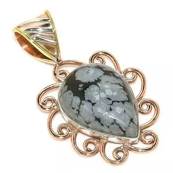 Natural Snowflake Obsidian Two Tone 925 Solid Sterling Silver Pendant 1.30 g6P21