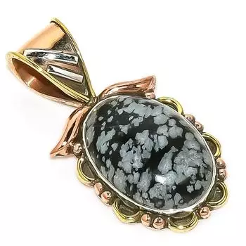 Natural Snowflake Obsidian Two Tone 925 Solid Sterling Silver Pendant 1.50 K3S19