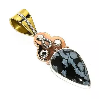 Natural Snowflake Obsidian Two Tone 925 Solid Sterling Silver Pendant 1.75 N6m39