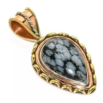 Natural Snowflake Obsidian Two Tone 925 Solid Sterling Silver Pendant 1.50 W7p45