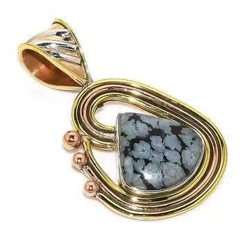 Natural Snowflake Obsidian Two Tone 925 Solid Sterling Silver Pendant 1.50 c2v06