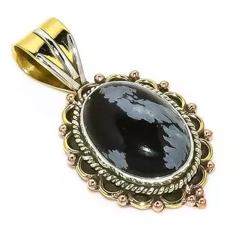 Natural Snowflake Obsidian Two Tone 925 Solid Sterling Silver Pendant 1.50 O0t49