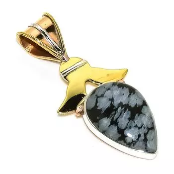 Natural Snowflake Obsidian Two Tone 925 Solid Sterling Silver Pendant 1.75 L9a74