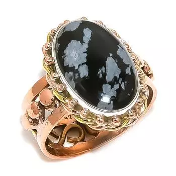 Natural Snowflake Obsidian Two Tone 925 Sterling Silver Jewelry Ring Size 9 j8Q97