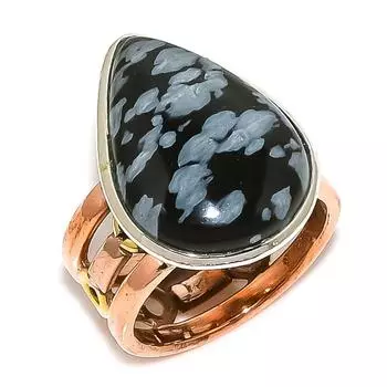Natural Snowflake Obsidian Two Tone 925 Sterling Silver Jewelry Ring S.6.5 I7t12