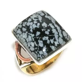 Natural Snowflake Obsidian Two Tone 925 Sterling Silver Jewelry Ring S.6.5 Y9s93