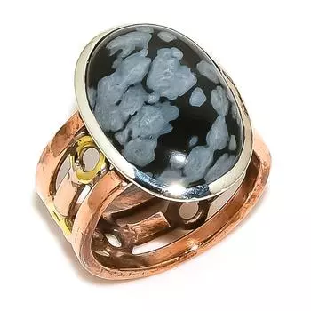 Natural Snowflake Obsidian Two Tone 925 Sterling Silver Jewelry Ring S.7.5 w6F75