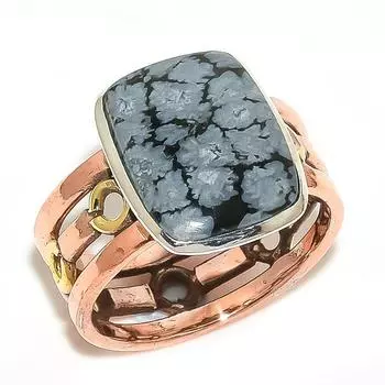 Natural Snowflake Obsidian Two Tone 925 Sterling Silver Jewelry Ring S.10.5 f0w59