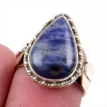 Natural Sodalite Gemstone 925 Solid Silver Jewelry Two Tone Ring Size 6.5US L2c03