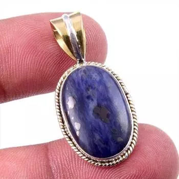 Natural Sodalite Gemstone 925 Solid Sterling Silver Two Tone Pendant 1.25 p7Q77