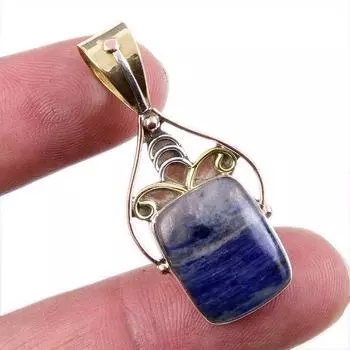 Natural Sodalite Gemstone 925 Solid Sterling Silver Two Tone Pendant 1.5 P5a58
