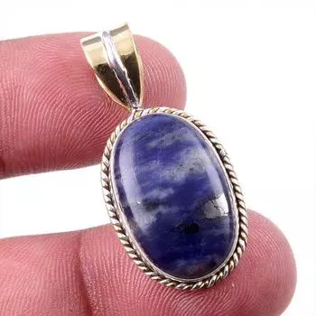 Natural Sodalite Gemstone 925 Solid Sterling Silver Two Tone Pendant 1.25 i7f36