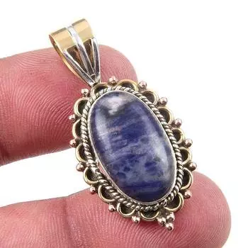 Natural Sodalite Gemstone 925 Solid Sterling Silver Two Tone Pendant 1.50 y5f63