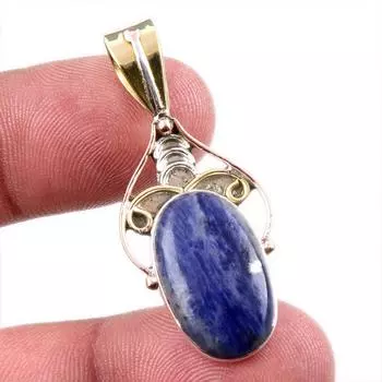 Natural Sodalite Gemstone 925 Solid Sterling Silver Two Tone Pendant 1.75 Z5q75