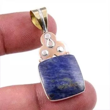 Natural Sodalite Gemstone 925 Solid Sterling Silver Two Tone Pendant 1.75 j3M95
