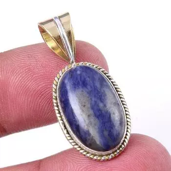 Natural Sodalite Gemstone 925 Solid Sterling Silver Two Tone Pendant 1.25 B9l91
