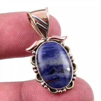 Natural Sodalite Gemstone 925 Solid Sterling Silver Two Tone Pendant 1.25 b8C88