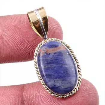 Natural Sodalite Gemstone 925 Solid Sterling Silver Two Tone Pendant 1.25 L7j01