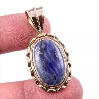 Natural Sodalite Gemstone 925 Solid Sterling Silver Two Tone Pendant 1.5 W6D85
