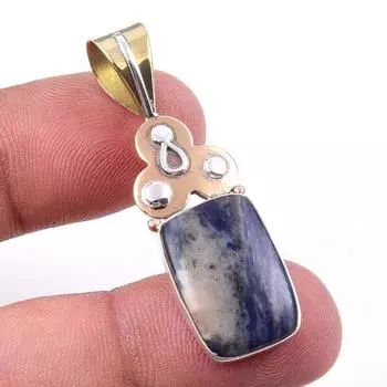 Natural Sodalite Gemstone 925 Solid Sterling Silver Two Tone Pendant 1.75 Z3J40