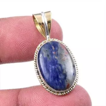 Natural Sodalite Gemstone 925 Solid Sterling Silver Two Tone Pendant 1.25 f9k02