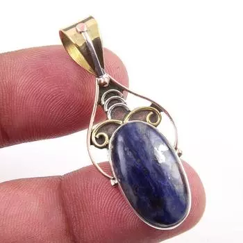 Natural Sodalite Gemstone 925 Solid Sterling Silver Two Tone Pendant 1.75 u1B09
