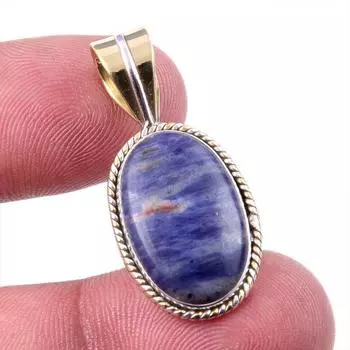 Natural Sodalite Gemstone 925 Solid Sterling Silver Two Tone Pendant 1.25 D0g56
