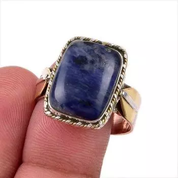 Natural Sodalite Gemstone 925 Solid Sterling Silver Two Tone Ring Size 10 K4b09