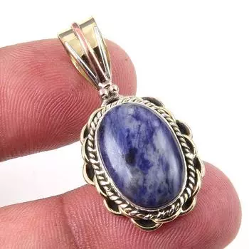 Natural Sodalite Gemstone 925 Solid Sterling Silver Two Tone Pendant 1.25 i7N05