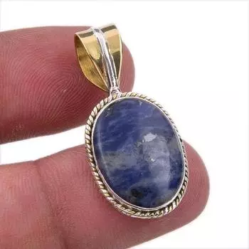 Natural Sodalite Gemstone 925 Solid Sterling Silver Two Tone Pendant 1.25 c6P05