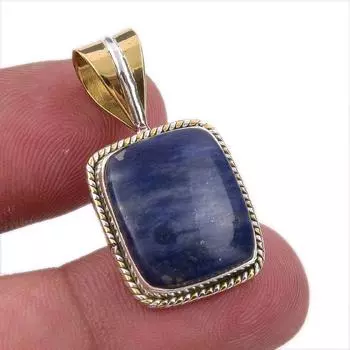 Natural Sodalite Gemstone 925 Solid Sterling Silver Two Tone Pendant 1.25 T2I55