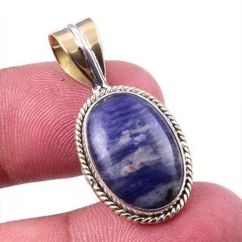 Natural Sodalite Gemstone 925 Solid Sterling Silver Two Tone Pendant 1.25 S3Q10