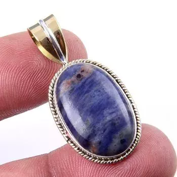 Natural Sodalite Gemstone 925 Solid Sterling Silver Two Tone Pendant 1.50 Y6W92