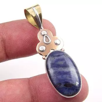 Natural Sodalite Gemstone 925 Solid Sterling Silver Two Tone Pendant 1.75 I3U55