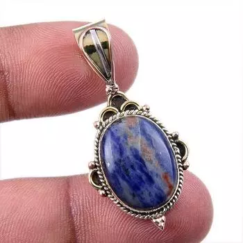 Natural Sodalite Gemstone 925 Solid Sterling Silver Two Tone Pendant 1.50 G2L89