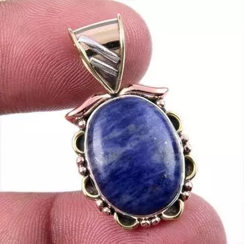 Natural Sodalite Gemstone 925 Solid Sterling Silver Two Tone Pendant 1.25 v1g17
