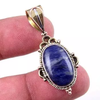 Natural Sodalite Gemstone 925 Solid Sterling Silver Two Tone Pendant 1.50 J8K15