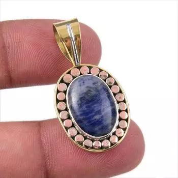 Natural Sodalite Gemstone 925 Solid Sterling Silver Two Tone Pendant 1.50 B2M47