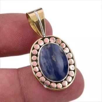 Natural Sodalite Gemstone 925 Solid Sterling Silver Two Tone Pendant 1.50 v7T95