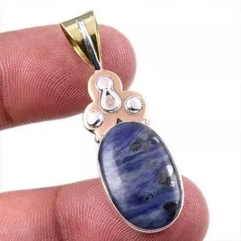 Natural Sodalite Gemstone 925 Solid Sterling Silver Two Tone Pendant 1.75 g6e18